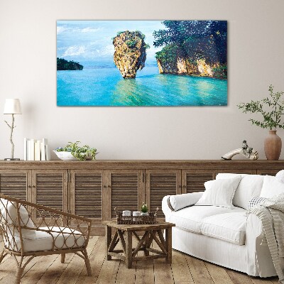 A quiet bay with a high rock Wall art on glass