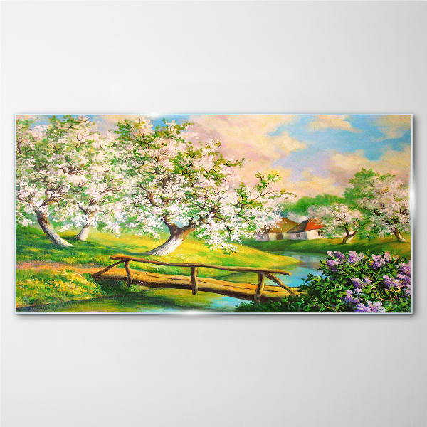 Spring landscape with a bridge Wall art on glass