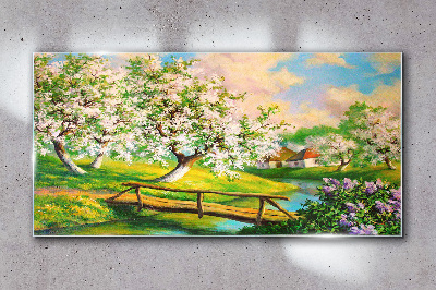 Spring landscape with a bridge Wall art on glass