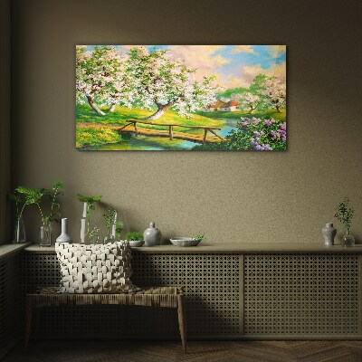 Spring landscape with a bridge Wall art on glass