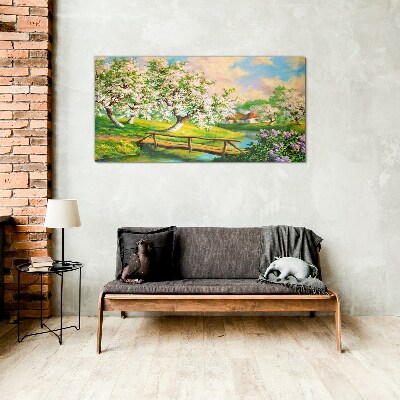 Spring landscape with a bridge Wall art on glass