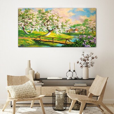 Spring landscape with a bridge Wall art on glass