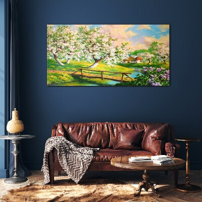 Spring landscape with a bridge Wall art on glass