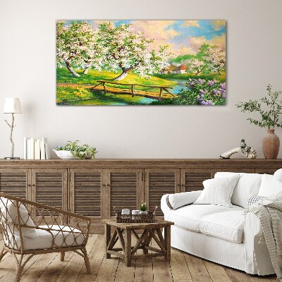 Spring landscape with a bridge Wall art on glass