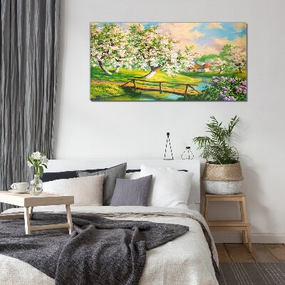 Spring landscape with a bridge Wall art on glass