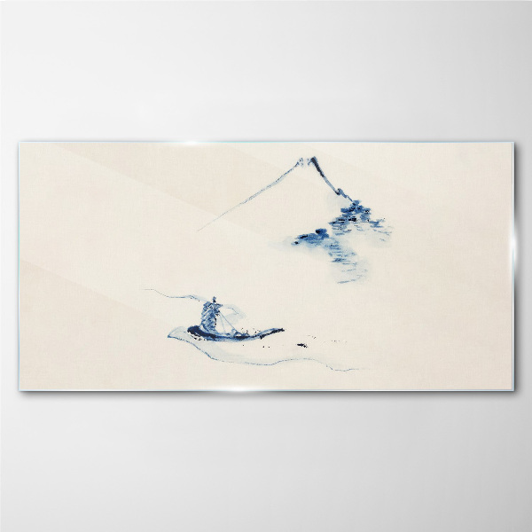 Peaceful mountain landscape with a boat Wall art on glass