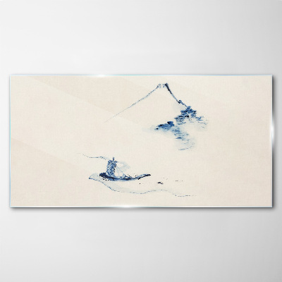 Peaceful mountain landscape with a boat Wall art on glass