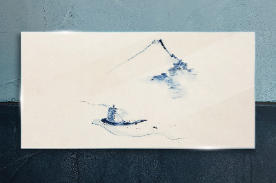 Peaceful mountain landscape with a boat Wall art on glass