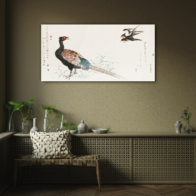 Peacock dance in spring landscape Glass art print