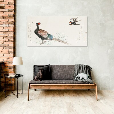 Peacock dance in spring landscape Glass art print