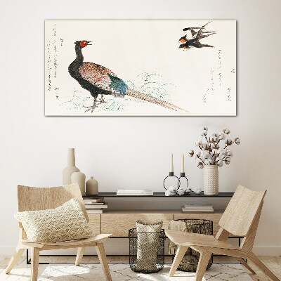 Peacock dance in spring landscape Glass art print