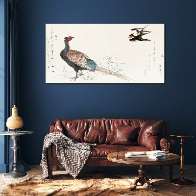 Peacock dance in spring landscape Glass art print