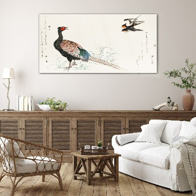 Peacock dance in spring landscape Glass art print
