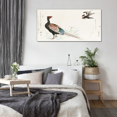 Peacock dance in spring landscape Glass art print