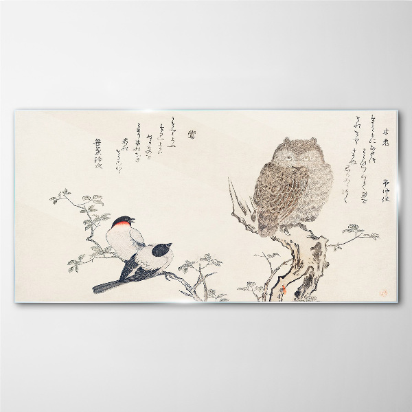 Birds and an owl on a branch Glass art print
