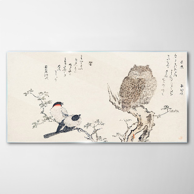 Birds and an owl on a branch Glass art print