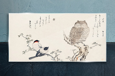 Birds and an owl on a branch Glass art print