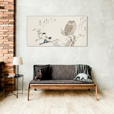 Birds and an owl on a branch Glass art print
