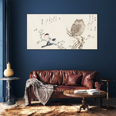 Birds and an owl on a branch Glass art print