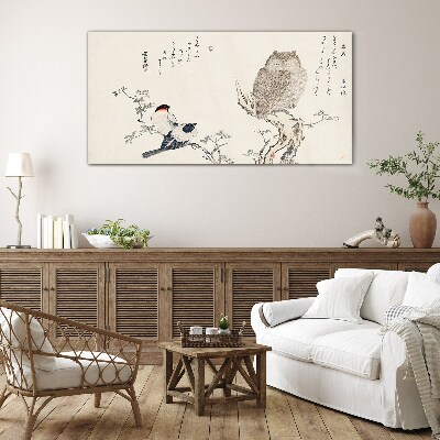 Birds and an owl on a branch Glass art print