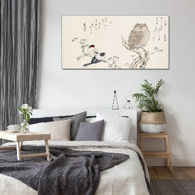 Birds and an owl on a branch Glass art print