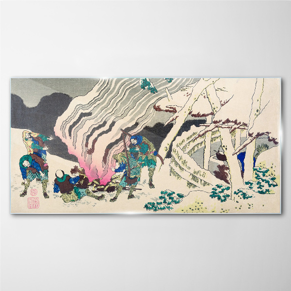 Winter landscape with people around the campfire Wall art on glass
