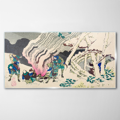 Winter landscape with people around the campfire Wall art on glass