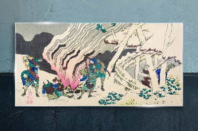Winter landscape with people around the campfire Wall art on glass