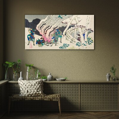 Winter landscape with people around the campfire Wall art on glass