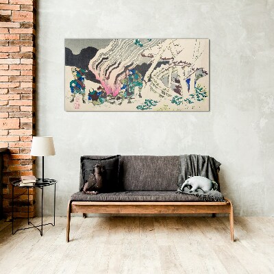 Winter landscape with people around the campfire Wall art on glass