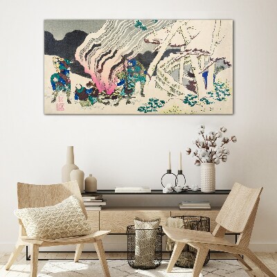 Winter landscape with people around the campfire Wall art on glass