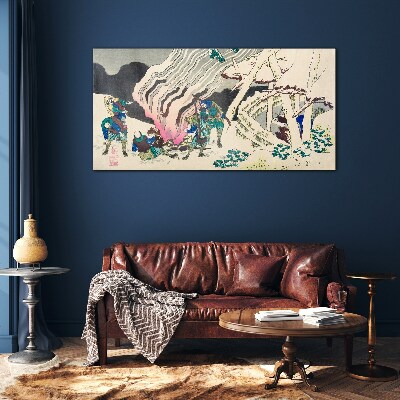 Winter landscape with people around the campfire Wall art on glass
