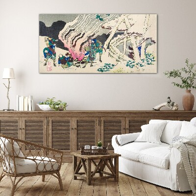 Winter landscape with people around the campfire Wall art on glass