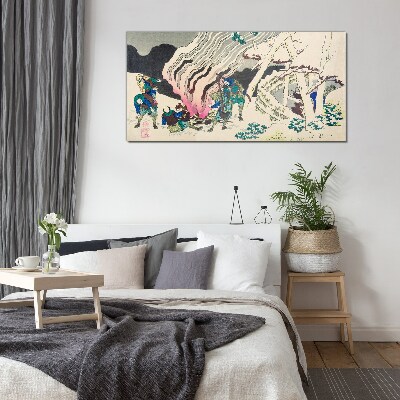 Winter landscape with people around the campfire Wall art on glass