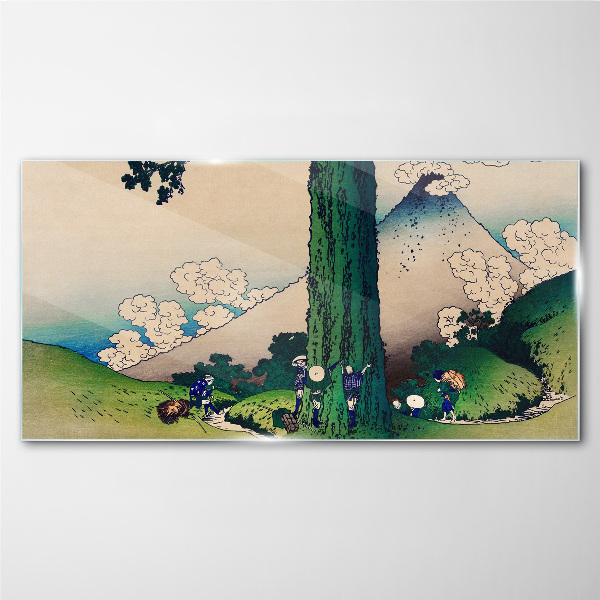 Japanese village with a volcano Glass art print