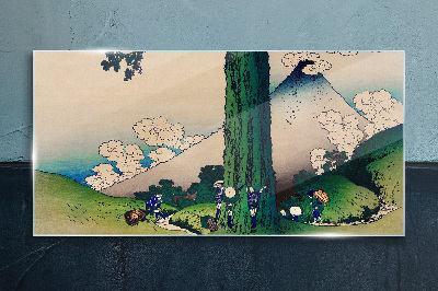Japanese village with a volcano Glass art print