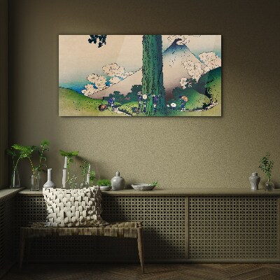 Japanese village with a volcano Glass art print