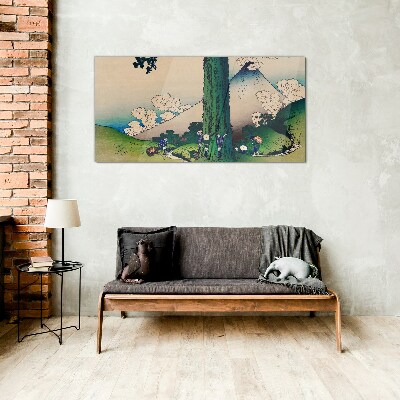 Japanese village with a volcano Glass art print