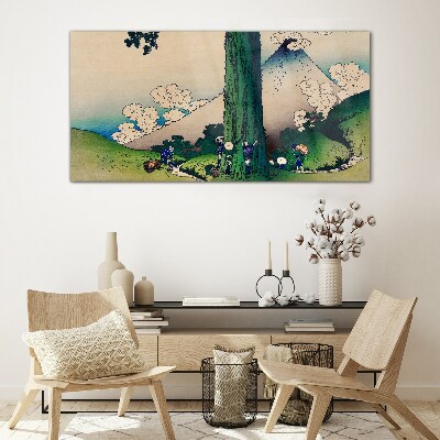 Japanese village with a volcano Glass art print