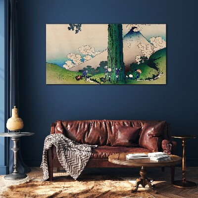 Japanese village with a volcano Glass art print