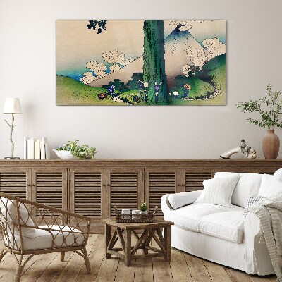 Japanese village with a volcano Glass art print