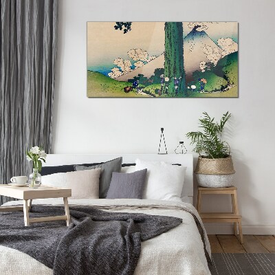 Japanese village with a volcano Glass art print