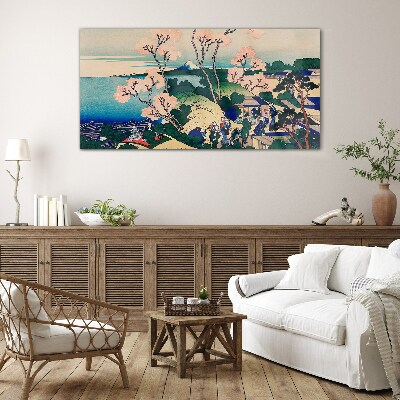 Spring landscape with Mount Fuji Wall art on glass