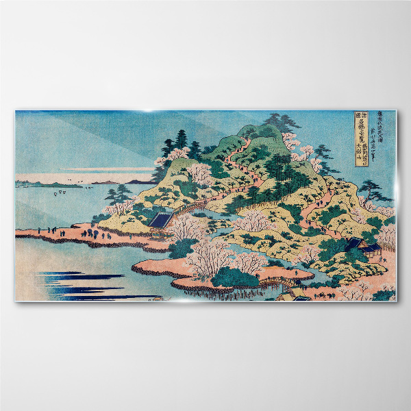 Mountain landscape with flowering trees Wall art on glass