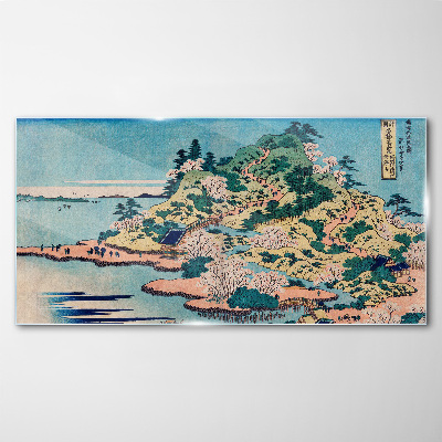 Mountain landscape with flowering trees Wall art on glass
