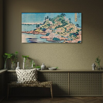 Mountain landscape with flowering trees Wall art on glass