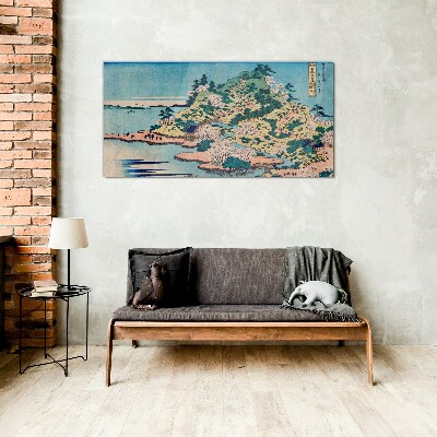 Mountain landscape with flowering trees Wall art on glass