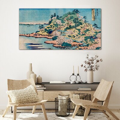 Mountain landscape with flowering trees Wall art on glass