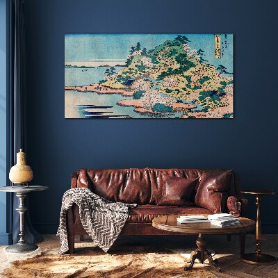 Mountain landscape with flowering trees Wall art on glass