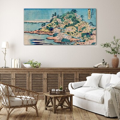 Mountain landscape with flowering trees Wall art on glass